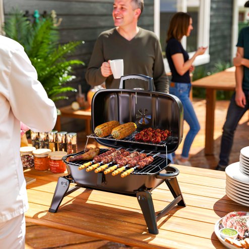 Outsunny Charcoal Barbecue Grill Folding BBQ Grill with 1232 cm? Cooking Area, Adjustable Vent, Thermometer, Handles for Camping Picnic, Black