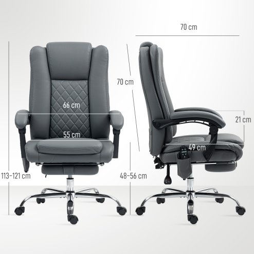 HOMCOM Executive Office Chair with 6-point Massage and Heat, PU Leather Reclining Desk Chair with Tufted High Back, Height Adjustable, Swivel Wheels, Footrest, for Home, Light Grey