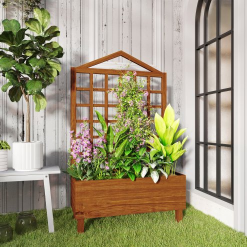 Outsunny Wooden Planters with Trellis for Vine Climbing, Raised Beds for Garden Patio, Outdoor Planter Box for Vegetables, Flowers, Herbs, Distressed Brown