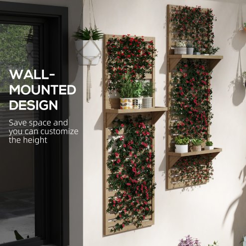 Outsunny Set of 2 Wall Mounted Plant Stand with Trellis, 170cm Wooden Plant Rack with Hanging Planter Shelves and Slatted Trellis for Climbing Plants, for Patio, Balcony, Porch, Natural