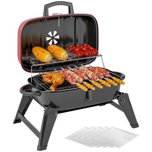 Outsunny Charcoal Barbecue Grill Folding BBQ Grill with 1232 cm? Cooking Area, Adjustable Vent, Thermometer, Handles for Camping Picnic, Red