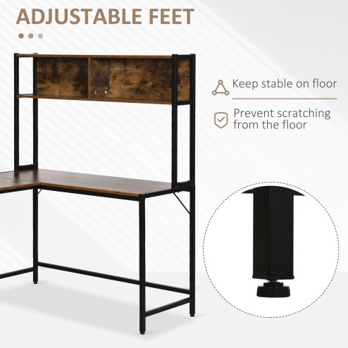 HOMCOM L Shaped Desk with Book Shelf, Industrial Corner Computer Desk, Writing Table with Steel Frame for Home Office, Bedroom, Study Room, 140 x 125cm, Brown