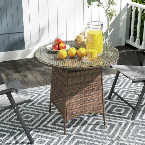Outsunny Wicker Garden Rattan Table, Patio Furniture Outdoor Coffee Table with Umbrella Hole and Tempered Glass Top, Brown
