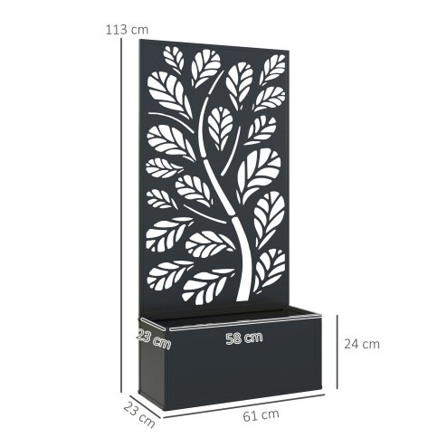 Outsunny Metal Garden Bed with Trellis, Wall Mounted or Freestanding Raised Planter with Privacy Panel, Twig and Leaf Cut-out Privacy Screen with Planter Box for Climbing Plants, Flowers, Vegetables