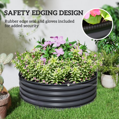 Outsunny Galvanised Raised Garden Bed with Safety Edging, Outdoor Raised Planter Box with Gloves and Open Bottom, Metal Raised Bed for Flowers, Vegetables and Herbs, 120 x 120 x 43cm, Dark Grey