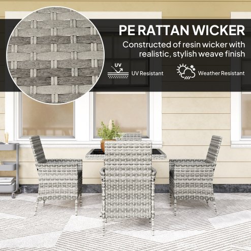 Outsunny Rattan Garden Furniture Set, Outdoor Dining Table and Chairs 4 Seater with Cushions, Square Tempered Glass Top, 4 Armchairs, for Balcony, Terrace, Conservatory, Mixed-Grey