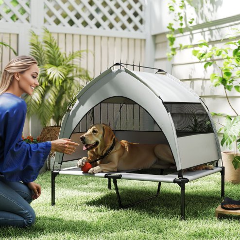 PawHut Elevated Dog Bed with Removable Canopy, Portable Cooling Raised Pet Cot with Breathable Mesh, Storage Bag, for Indoor Outdoor Use, for Medium Large Dogs, 92 x 75 x 89 cm, Light Grey