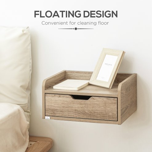 HOMCOM Floating Nightstand Set of 2 Wall Mounted Bedside Table with Storage Drawer for Bedroom, Natural