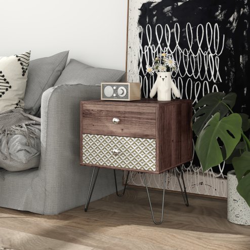 HOMCOM 2-Drawer Bedside Table, Boho Wooden Nightstand Storage Unit, Bedside Cabinet with Steel Frame, Sofa End Side Table for Living Room, Bedroom, Small Space, Rustic Brown