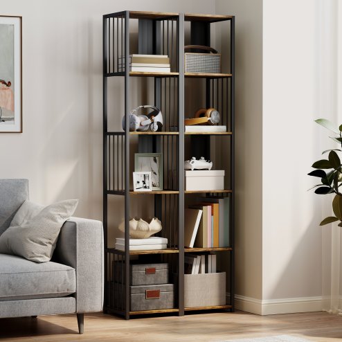 HOMCOM 5-Tier Bookshelf, Modern Tall Bookcase with Steel Frame, Freestanding Display Storage Unit for Living Room, Bedroom, Study, Home Office, Rustic Brown