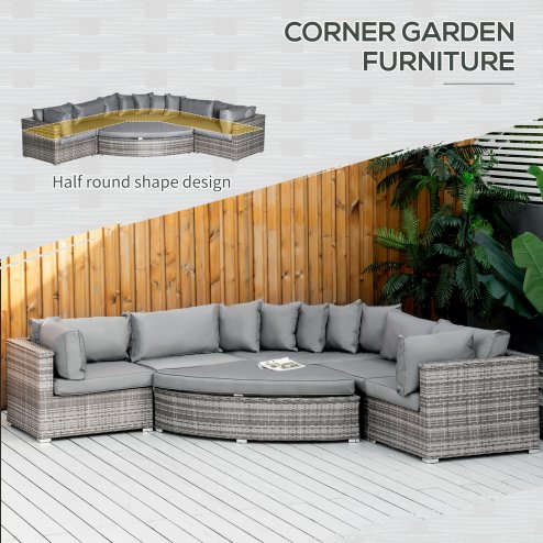 Outsunny 6 Pieces Outdoor PE Rattan Wicker Sofa Set with 10cm Thick Padded Cushionsand Half Round Patio Conversation Furniture Set with Angled Corner Designand Ottomansand and Back Pillows, Grey