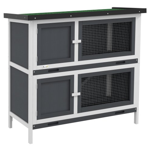PawHut Rabbit Hutch  Guinea Pig Hutch Double Decker Pet Cage with Openable Roof, Divider, Ramp for Outdoor 100 x 47 x 91cm, Grey