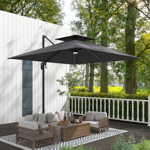 Outsunny 2.5m Cantilever Parasol with Solar Powered LED Lights, Double Top Square Overhanging Garden Parasol with 360 Rotation, Tilt Adjustment, Crank Handle, Dark Grey