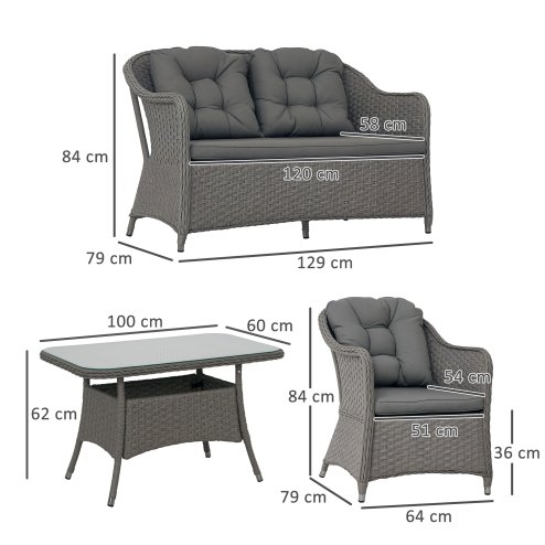 Outsunny 4 Pieces Rattan Garden Furniture Set, Round Wicker Garden Sofa Set with Loveseat, Armchairs and Glass Top Table, Outdoor Conservatory Furniture with Cushions for Patio, Balcony, Light Grey