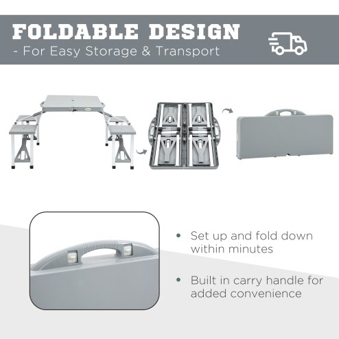 Outsunny Portable Foldable Camping Picnic Table with Seats Chairs and Umbrella Hole, 4-Seat Fold Up Travel Picnic Table, Grey