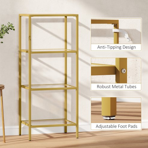 HOMCOM 4-Tier Shelving Unit, Modern Glass Shelf, Bookshelf, Storage Rack for Living Room, Home Office, Bedroom, Bathroom, 40 x 30 x 97 cm, Gold Tone