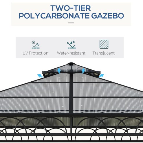 Outsunny 3 x 3 (m) Outdoor Polycarbonate Gazebo, Double Roof Hard Top Gazebo with Galvanised Steel Frame, Nettings & Curtains for Garden, Lawn, Patio and Deck, Khaki