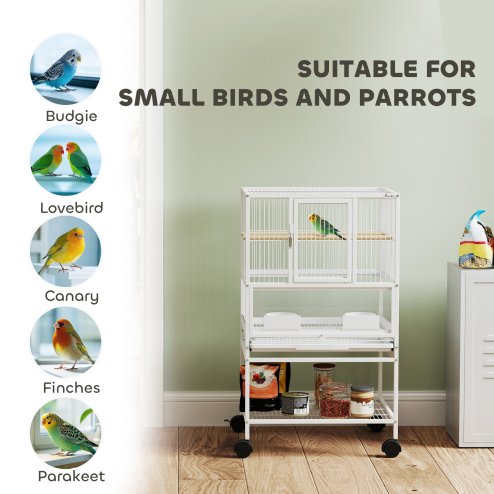 Pawhut Bird Cage, Metal Parrot Cage with Rolling Stand Wheels, Acrylic Viewing Panels, Storage Shelf, Slide-out Tray, Perches, Feeders, for Budgie, Parakeet, Canary, Finch, White, 48 x 46 x 83 cm