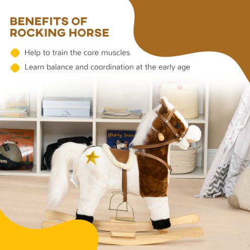 HOMCOM Rocking Horse with Music, Sound, Wagging Tail, Kids Ride On Horse with Saddle Gift for Ages 3-6 Years, Brown