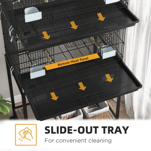 PawHut 2 Tier Bird Cage, Budgie Cage with Stand, Swing, Rope, Ladder, Wheels, Shelf, Tray, Perches, Food Containers, for Canaries, Lovebirds, Finches