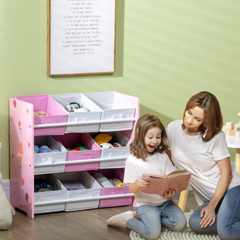 ZONEKIZ Kids Storage Unit Toy Box Organiser Bookshelf w/ Nine Removable Baskets, for Bedroom, Nursery, Playroom - Pink