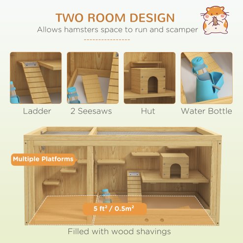 PawHut Wooden Hamster Cage with Water Bottle, Small Animal Exercise Play House with Platforms, Openable Roof, Sliding Tray, Hut, Seesaws, Natural Wood Finish
