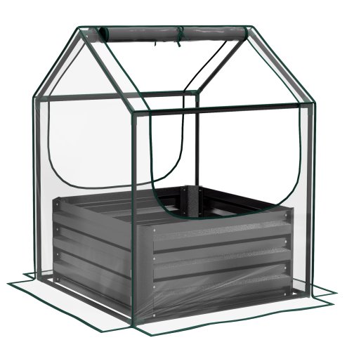 Outsunny Raised Garden Bed with Mini Greenhouse, Outdoor Metal Planter Box with Cover, for Herbs and Vegetables, Use for Patio, Garden, Balcony, Clear and Dark Grey