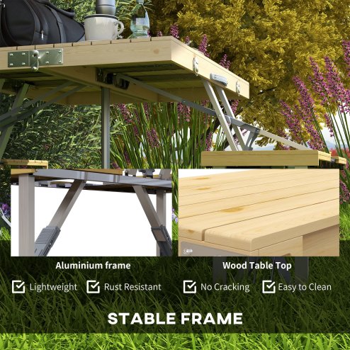 Outsunny Folding Wooden Picnic Table with Seats and Umbrella Hole, Aluminium Frame Portable Camping Table and Chairs Set, for Patio, Yard, Porch and Garden