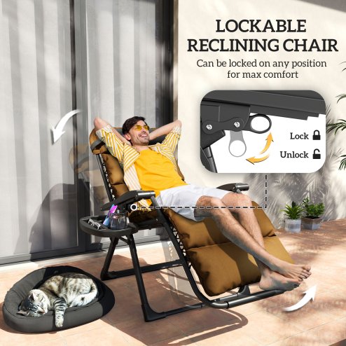 Outsunny Zero Gravity Chairs Set of 2, Folding Reclining Garden Chair, Outdoor Sun Lounger with Cushion, Garden Recliner Chairs with Headrest and Cup Phone Holder Tray for Beach, Brown