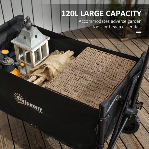 Outsunny 120L Festival Trolley on Wheels, Folding & Compact Camping Trolley Cart with Adjustable Handle for Garden, Beach, Fishing, Black