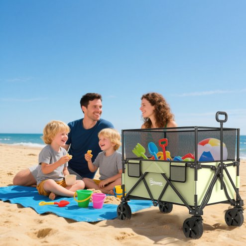 Outsunny 180L Festival Trolley on Wheels, Folding Camping Trolley Cart with Extendable Side Walls and Telescopic Handle, for Garden Beach Fishing, Light Green