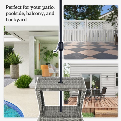 Outsunny Rattan Outdoor Coffee Table, Wicker Garden Patio Bistro Side Table with Umbrella Hole and Storage Space for Balcony, Porch, Grey