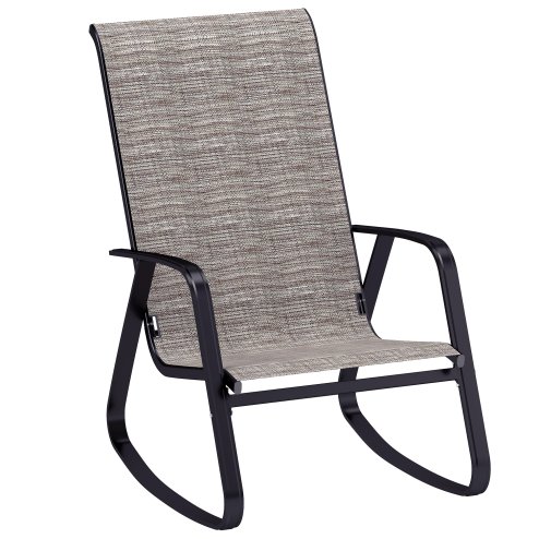 Outsunny Garden Rocking Chair, Ergonomic Outdoor Rocking Chair with Armrests, High Backrest, Steel Frame Relaxing Rocker Armchair Seat for Patio, Balcony, Porch, Light Brown