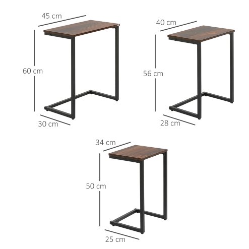 HOMCOM Nesting Side Tables Set of 3, C-Shaped Sofa Side Tables with Steel Frame for Sofa Couch and Bed, Rustic Brown