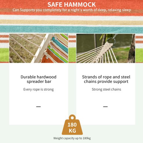 Outsunny Double Cotton Hammock Camping Swing Outdoor Garden Beach Stripe Hanging Bed with Pillow, 188 x 140 cm, 180 KG Capacity, Red