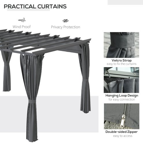 Outsunny 3.6 x 3(m) Outdoor Pergola with Retractable Roof and Curtains, Garden Gazebo Canopy Sun Shade Shelter with Aluminum Frame, Dark Grey