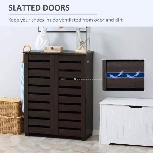 HOMCOM Narrow Shoe Cabinet for Entryway, 5-Tier Slim Shoe Storage Cabinet with 2 Slatted Doors and Adjustable Shelves for 15 Pairs, Dark Brown