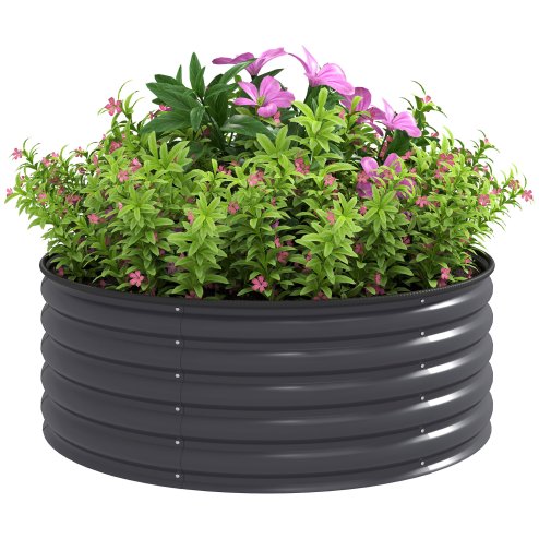 Outsunny Galvanised Raised Garden Bed with Safety Edging, Outdoor Raised Planter Box with Gloves and Open Bottom, Metal Raised Bed for Flowers, Vegetables and Herbs, 120 x 120 x 43cm, Dark Grey