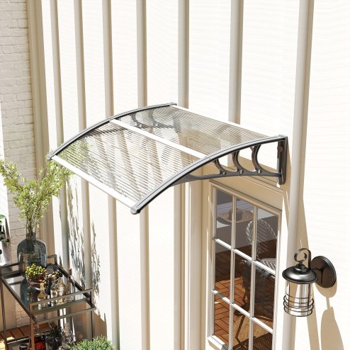 Outsunny Front Door Canopy Outdoor Awning Aluminium Rigid Plastic Polycarbonate Rain Shelter UV Water Rain Resistant 100 x 75cm Clear