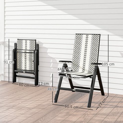 Outsunny Rattan Folding Chair Outdoor Set of 2, 5-Position Adjustable Wicker Garden Dining Chair with High Backrest, Wide Armrest, for Patio, Terrace, Balcony, Grey