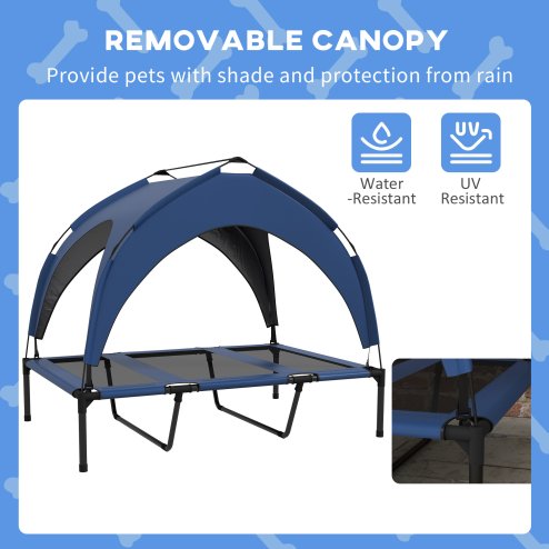 PawHut Cooling Raised Dog Bed, Elevated Pet Bed with Breathable Mesh, UV Protection Canopy, Foot Pads, for Indoor Outdoor, Large Dogs, 106 x 76 x 94cm - Dark Blue