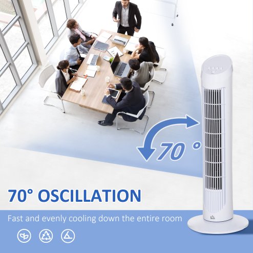 HOMCOM Tower Fan for Bedroom Cooling, 30 Inch Electric 70° Oscillating Fan with 3 Speed Settings, Standing Floor Fan for Home Office Indoor, White