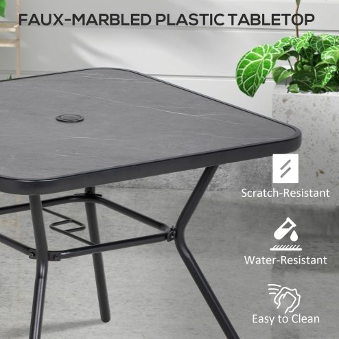 Outsunny 80x80cm Outdoor Dining Table, Faux-marbled Garden Table with Umbrella Hole, Square Patio Table with Steel Frame for Porch, Balcony, Black