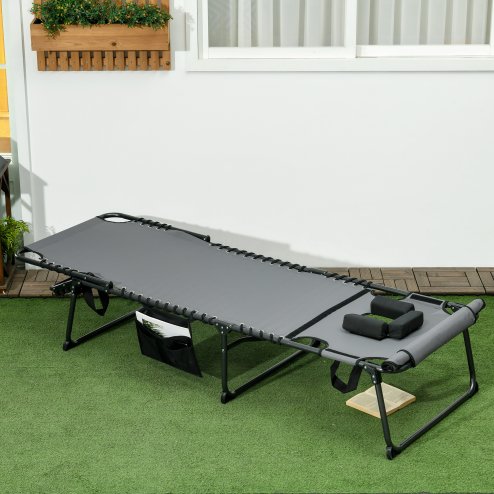 Outsunny Folding Sun Lounge with 5-level Reclining Back, Outdoor Tanning Chair with Reading Hole, Outdoor Sun Lounge with Side Pocket, Headrest, for Beach, Yard, Patio, Grey