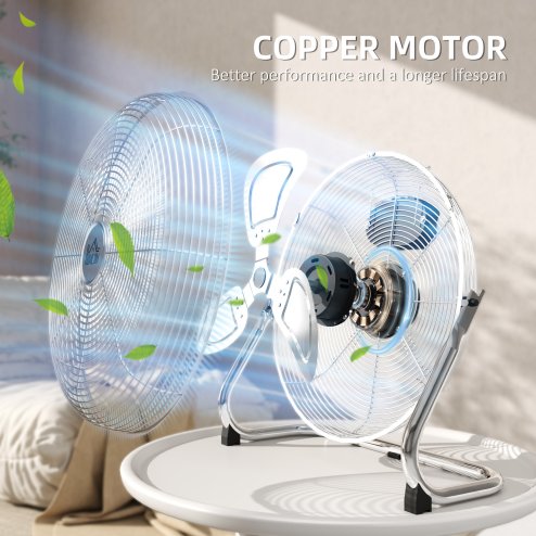 HOMCOM 14 Inches Chrome Metal Floor Fan, High Velocity 3-Speed Home Gym with Adjustable Head, Portable Desk & Table Fan Air Circulator for Home Office, Powerful Airflow, Quiet Operation