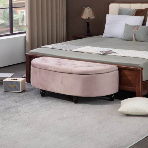 HOMCOM Semi-Circle Ottoman Storage Bench, Bed End Bench, Tufted Upholstered Window Seat Footrest Stool with Rubberwood Legs for Bedroom & Entryway, 120 x 46 x 42 cm