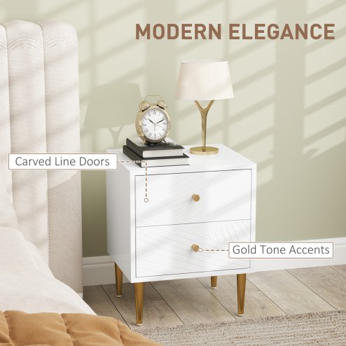 HOMCOM Bedside Table with 2 Drawers, Modern Side Table with Curved Line Panels and Metal Legs for Bedroom, Living Room, White