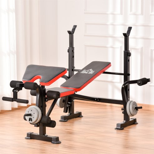 HOMCOM Adjustable Weight Bench with Leg Developer Barbell Rack for Weight Lifting and Strength Training Multifunctional Workout Station for Home Gym Fitness, Red