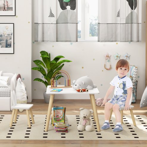 AIYAPLAY 3 Pieces Toddler Table and Chair Set, Kids Desk and 2 Chairs Set with Cute Bunny Ear Backrest, Wooden Legs, for Nursery, Playroom, Classroom - White