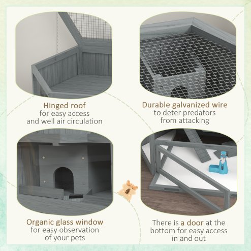 PawHut Wooden Large Hamster Cage Small Animal Exercise Play House 3 Tier with Sliding Tray, Seesaws, Water Bottle, Grey